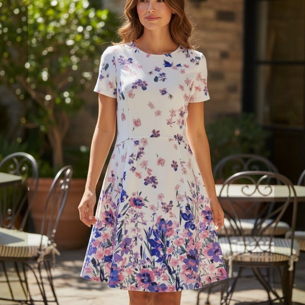 ELLE Ombre Floral Structured Stretch Short Sleeve Sheath Dress Garden Coquette L